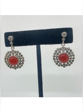 Vtg Sterling Carnelian Marcasite Stone Art Deco Style Dangle Stud Earrings 1.1”